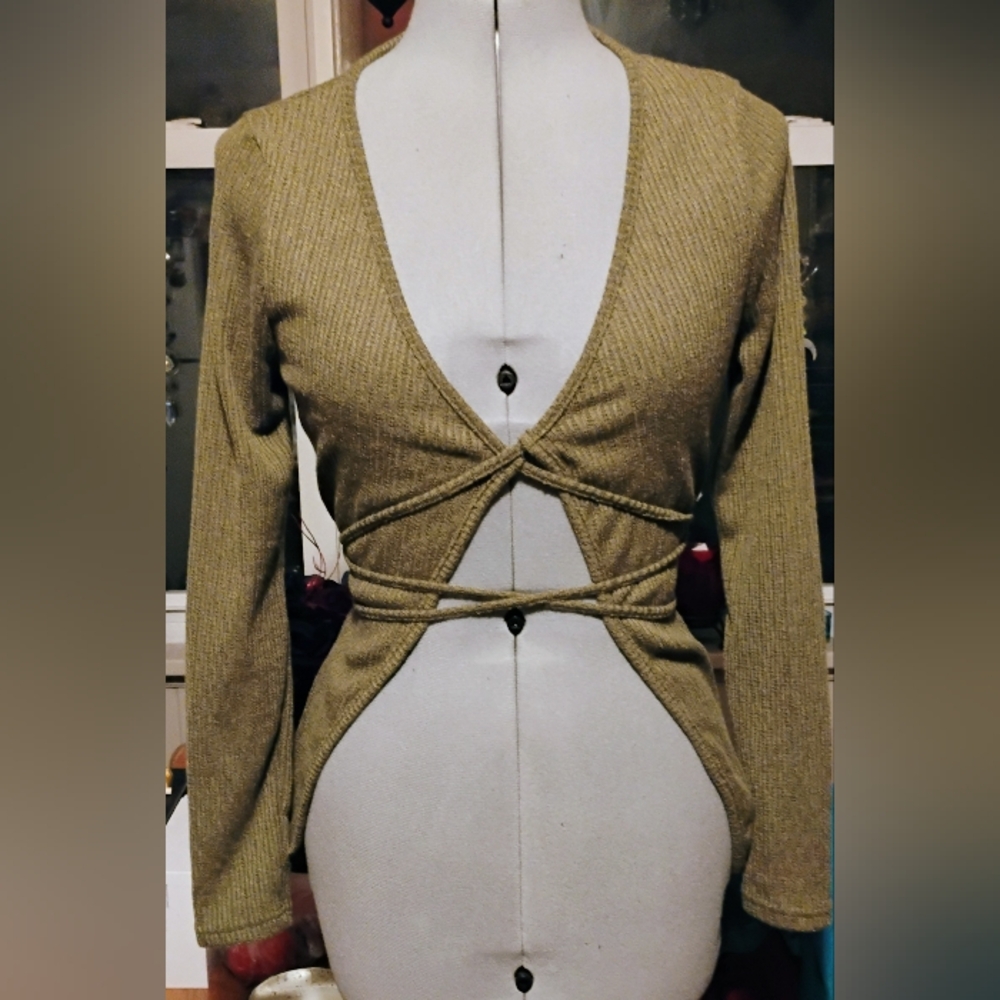 SHEIN Olive Green Ribbed Cutout Tie-Front Long Sleeve Cardigan